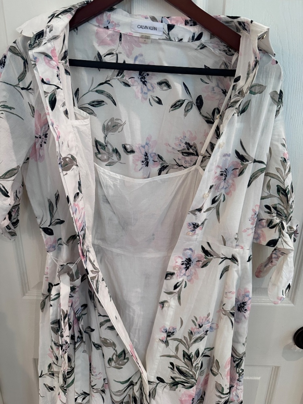 Calvin Klein 4 Floral Cotton Maxi Shirt Dress Belted Cottagecore Romantic Pink S - Picture 2 of 11